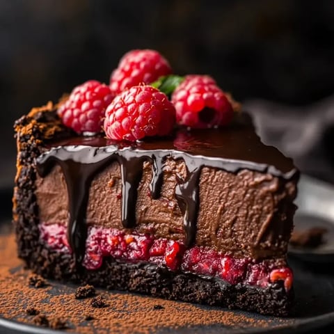 Une part de gâteau au chocolat surmontée de framboises.