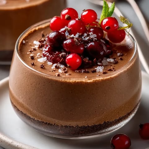 Un dessert chocolat fondant avec des fruits rouges sur le dessus.