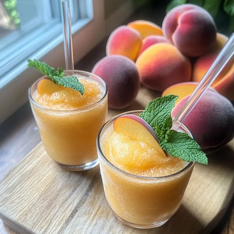 Deux verres de jus de pêche avec feuilles de menthe.