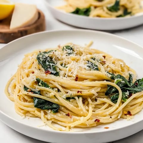 Une assiette de pâtes avec épinards et fromage.