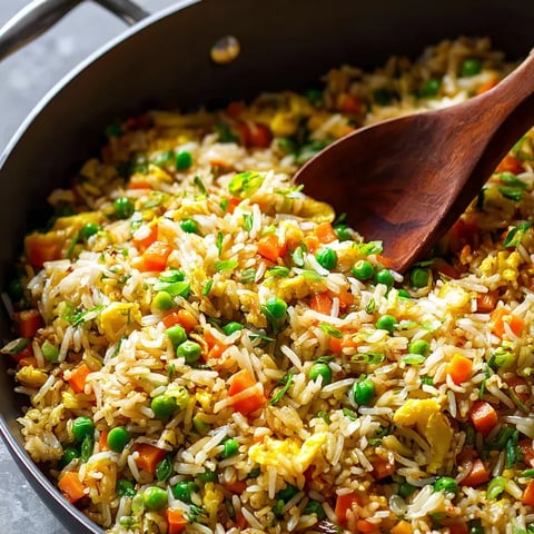 Une cuillère en bois dans une poêle de riz avec des légumes.