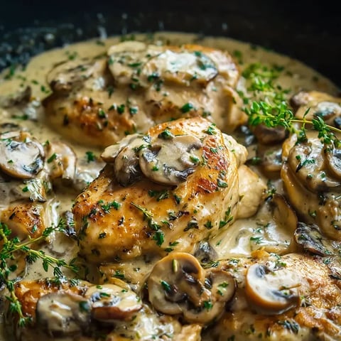 Poulet, champignons et herbes.