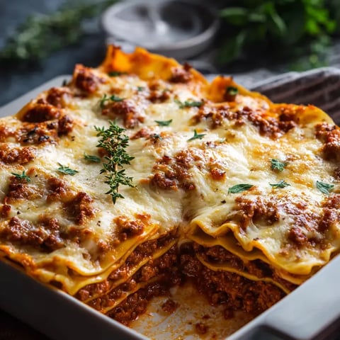 Une assiette de lasagnes avec viande et fromage fondu.