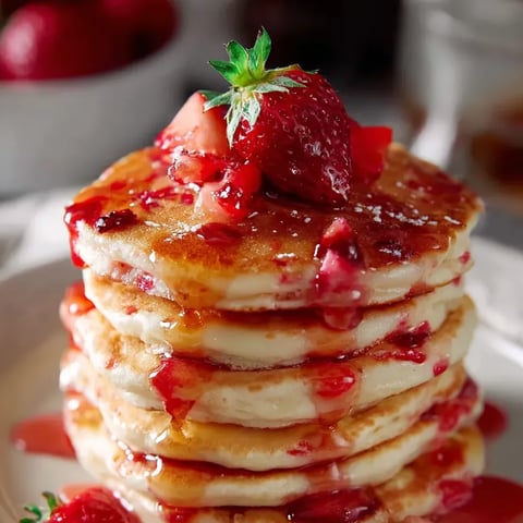 Une pile de pancakes garnie de fraises fraîches.