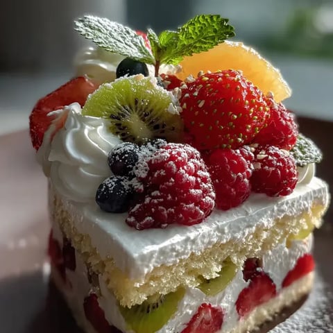 Une part de gâteau garnie de fruits frais.