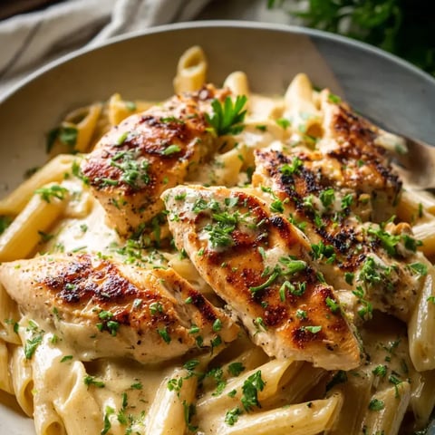 Une assiette de pâtes au poulet.