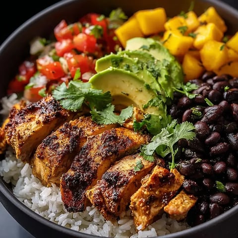 Un bol garni de riz, haricots, poulet et avocat.