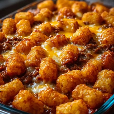 Un plat de tater tots avec fromage et viande.