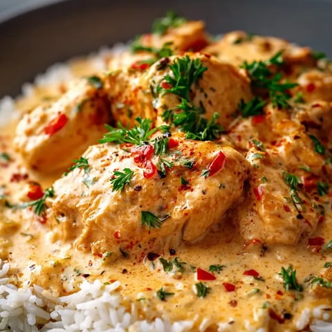 Une assiette de riz et volaille avec des poivrons rouges.