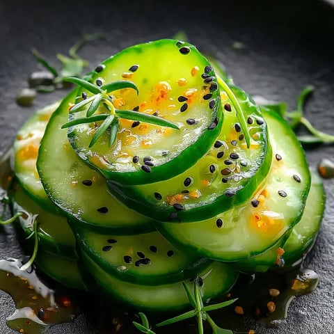 Des tranches de concombre avec leurs pépins posées sur une assiette.