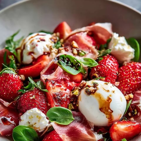 Une assiette garnie de fraises, jambon et burrata.