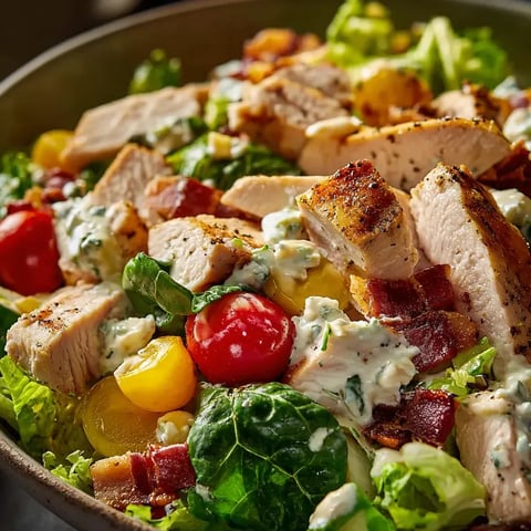 Un bol de salade avec poulet, tomates, laitue et fromage bleu.