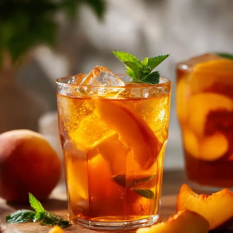 Un verre de thé avec une tranche de pêche.
