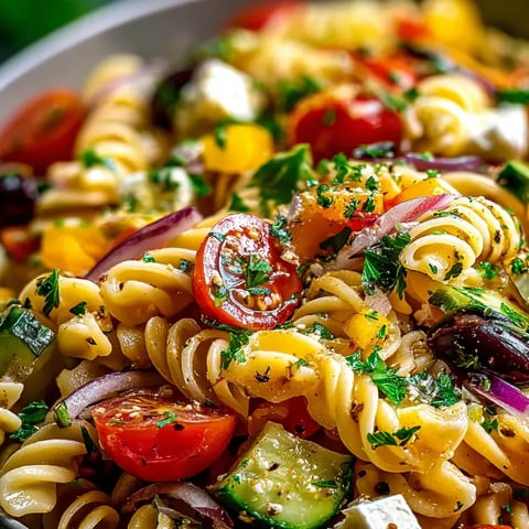 Un bol de pâtes avec tomates, concombres et fromage.