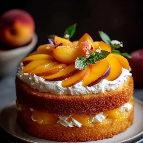 Un gâteau avec des pêches et de la crème fouettée dessus.