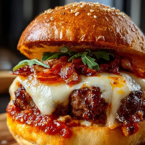 Un burger vu de près, avec fromage coulant et bacon.