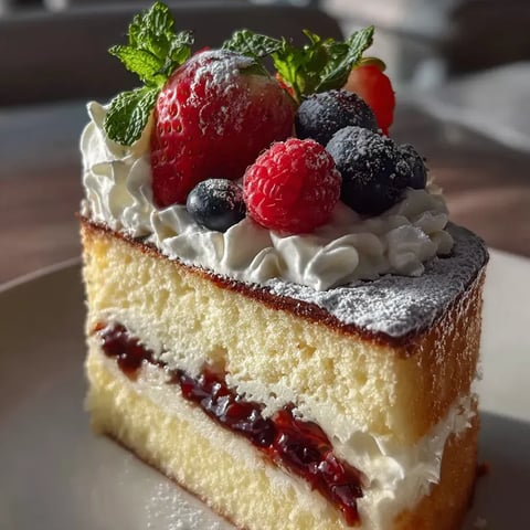 Une part de cake garnie de fraises et de myrtilles.