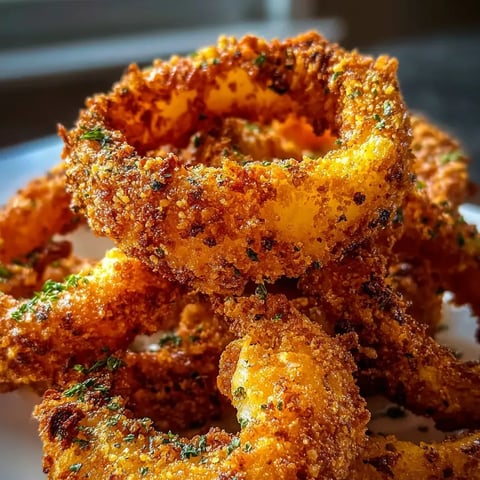 Une assiette remplie d’anneaux d’oignon frits.