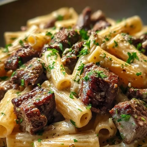 Une assiette de pâtes avec viande et herbes.