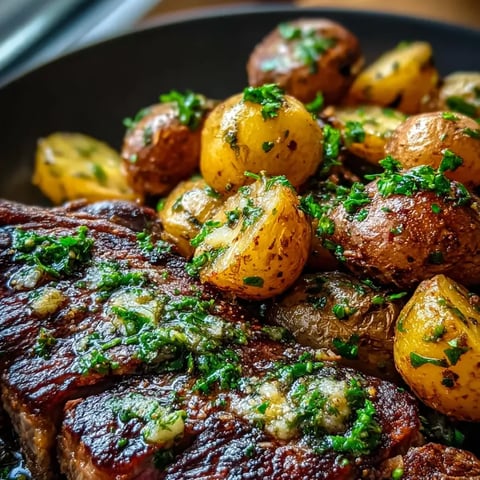 Une assiette de steak et pommes de terre.