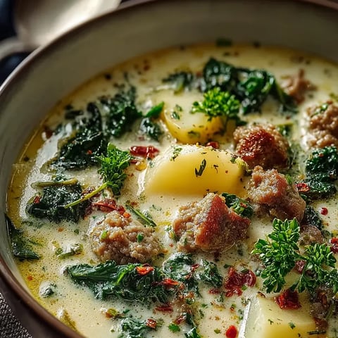 Un bol de soupe avec des légumes verts et de la viande.