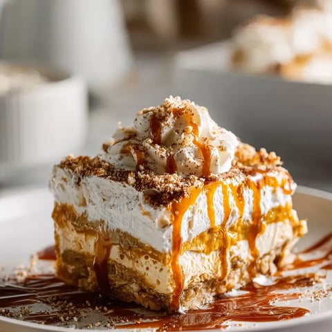 Part de gâteau nappée de caramel brillant.