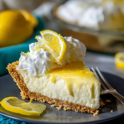 Une part de tarte façon cheesecake citron, avec une rondelle de citron à côté.