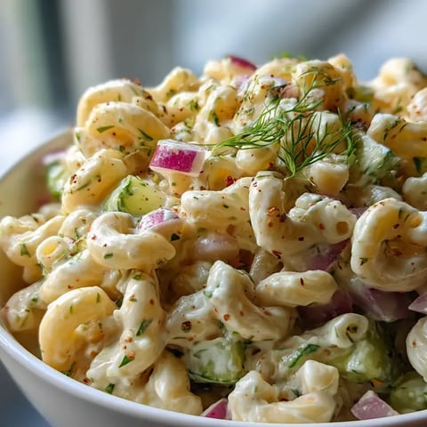 Une assiette de salade de pâtes avec des oignons rouges.
