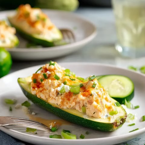 Une courgette garnie d'une sauce crémeuse.