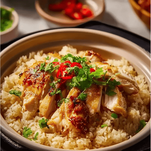 Une potée de haricots avec poulet grillé et oignons.