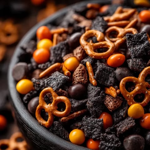 Un bol rempli de bretzels émiettés, chocolat fondu, noix et petits chocolats.