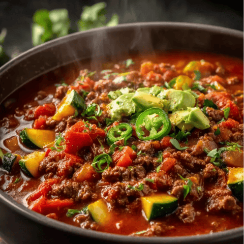 Une marmite noire remplie d'un mélange de pommes de terre, oignons, tomates, avocat et courgettes.
