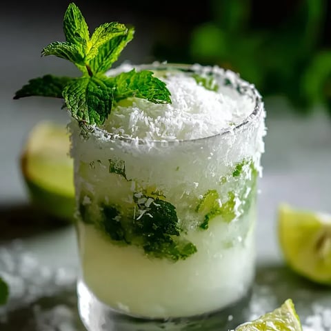 Un verre rempli avec de la menthe, de l’eau, de la glace et d’autres petits ingrédients colorés.