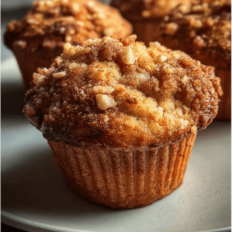 Un muffin sur une assiette avec sucre et quelques noix dessus.