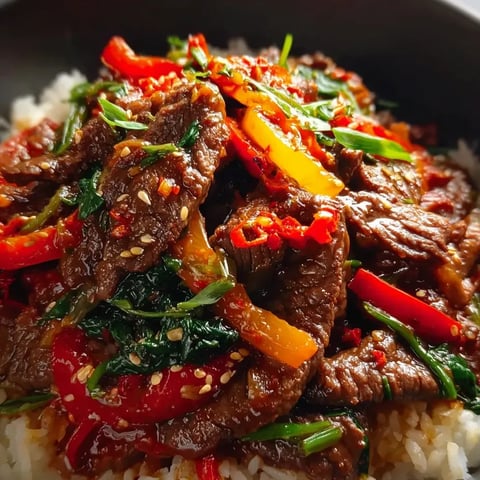 Photo d'un plat avec boeuf, oignons, poivrons, tomates et coriandre.