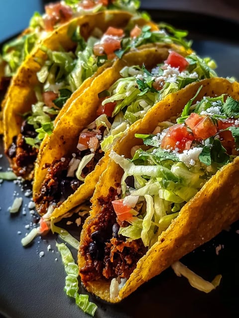 Deux tacos pleins de laitue et de tomate posés sur la table.