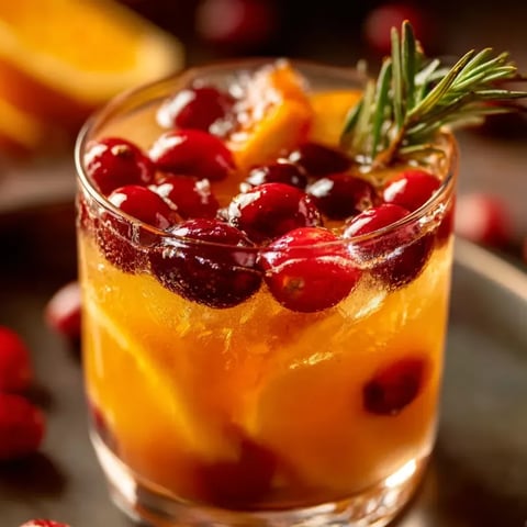 Un verre rempli d’un mélange orange vif avec morceaux d’orange, citron et pamplemousse, un bâton de cannelle posé dessus.