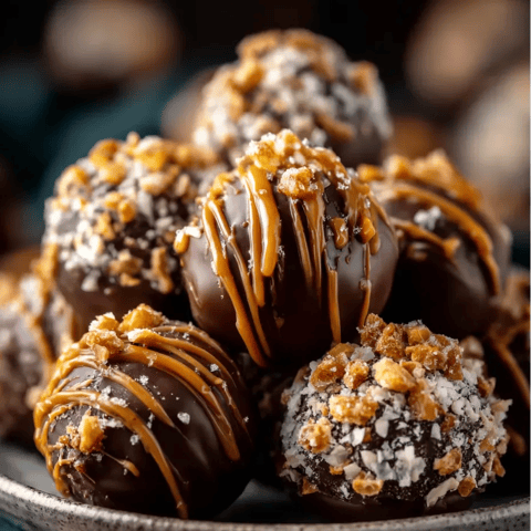 Assiette garnie de boules au chocolat, neige de noix et glaçage chocolaté.