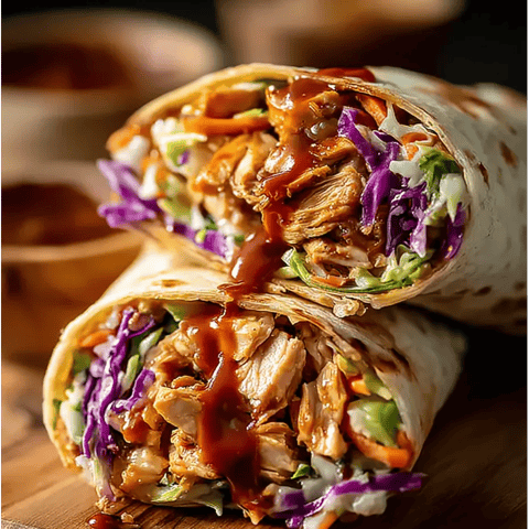 Un sandwich plein de sauce posé sur une planche en bois.