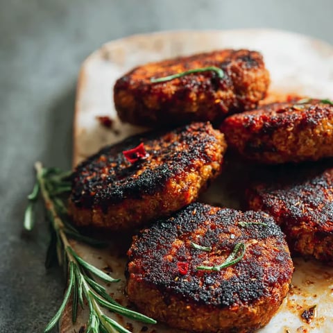 Un plat garni de galettes sombres poêlées, décoré d’oignons et de basilic.