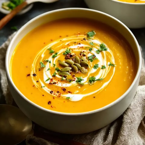 Un joli bol blanc rempli d’une soupe crémeuse toute orange, garnie de condiments et d’oignons.