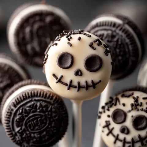 Un Oreo recouvert de chocolat blanc décoré en petite tête de mort.