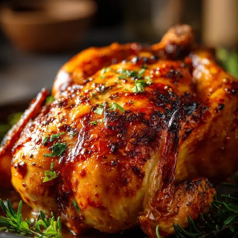 Un poulet entier doré avec des épices, dressé sur une assiette épicée.