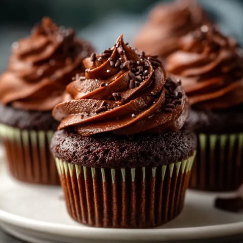 Deux cupcakes tout choco sur assiette blanche, nappés de ganache.