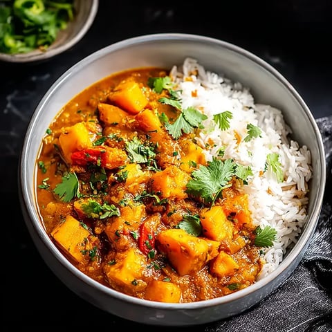Un bol rempli de riz, patates douces et légumes comme poivrons, oignons et carottes.
