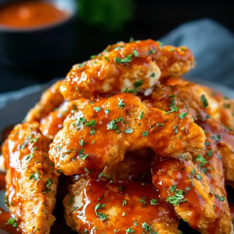 Photo d’une assiette garnie de morceaux de poulet façon wings recouverts d’une sauce bien relevée.