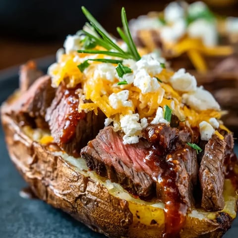 Un morceau de steak grillé avec sauce posé sur une pomme de terre.