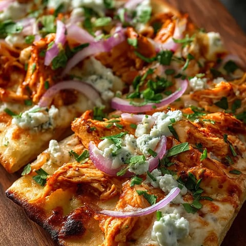 Une demi pizza avec du poulet, oignons, baies roses et bleu sur une planche en bois.