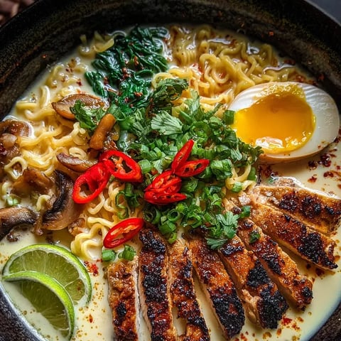 On voit un mélange de ramen, œuf, champignons et piment sur l'image. L’œuf est posé au centre, entouré de ramen, champignons et piment. Un quartier de citron vert décore dans le coin gauche en bas.