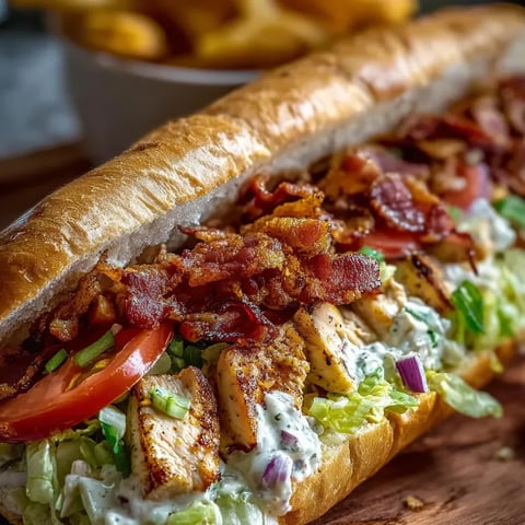 Un gros sandwich plein de bacon, tomates, laitue et morceaux de poulet.